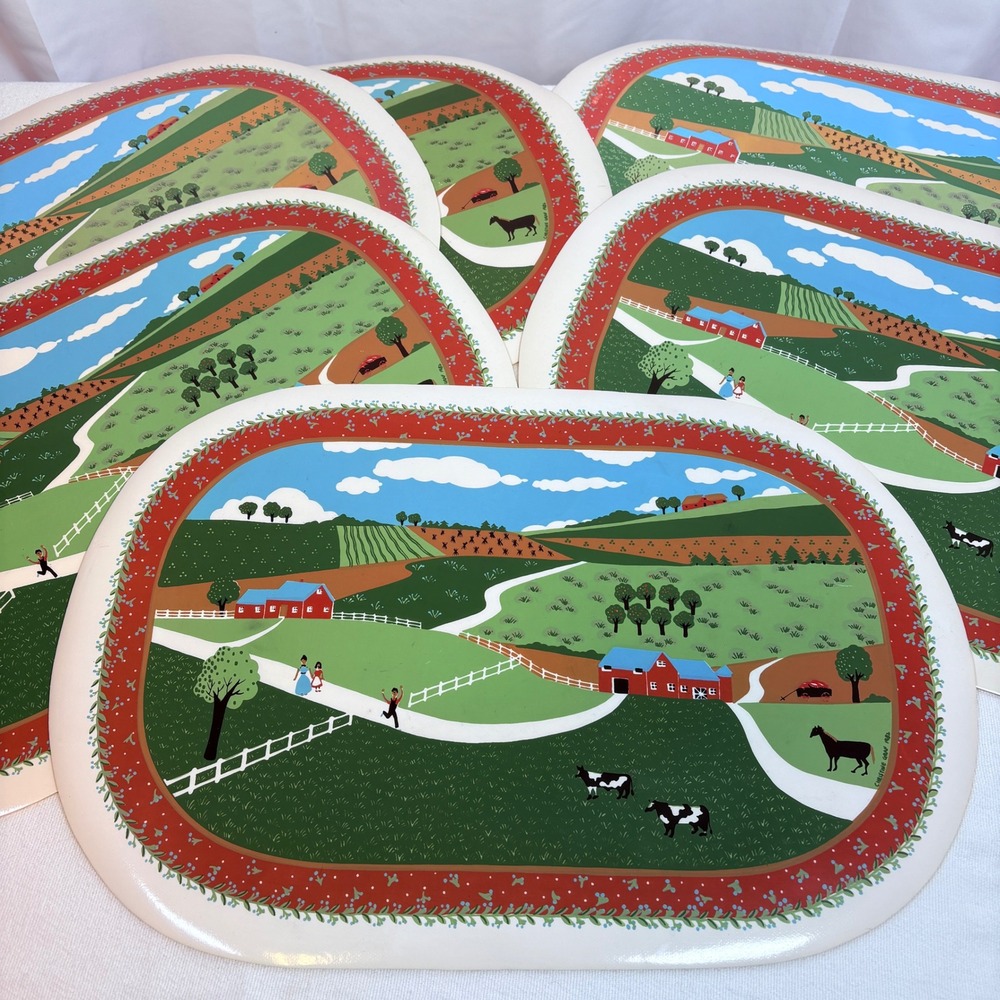 6 Vtg Christine Graf Cottagecore Farm Scene Country Placemats Folk Art 1982